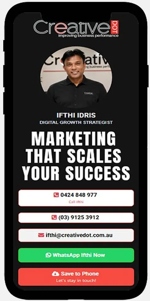 Example MyECard Pro profile on a phone, with WhatsApp sharing and Save to Phone buttons