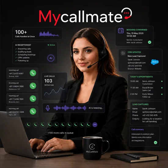 MyCallMate AI receptionist dashboard showing live calls, a confirmed booking, a captured lead and a call summary