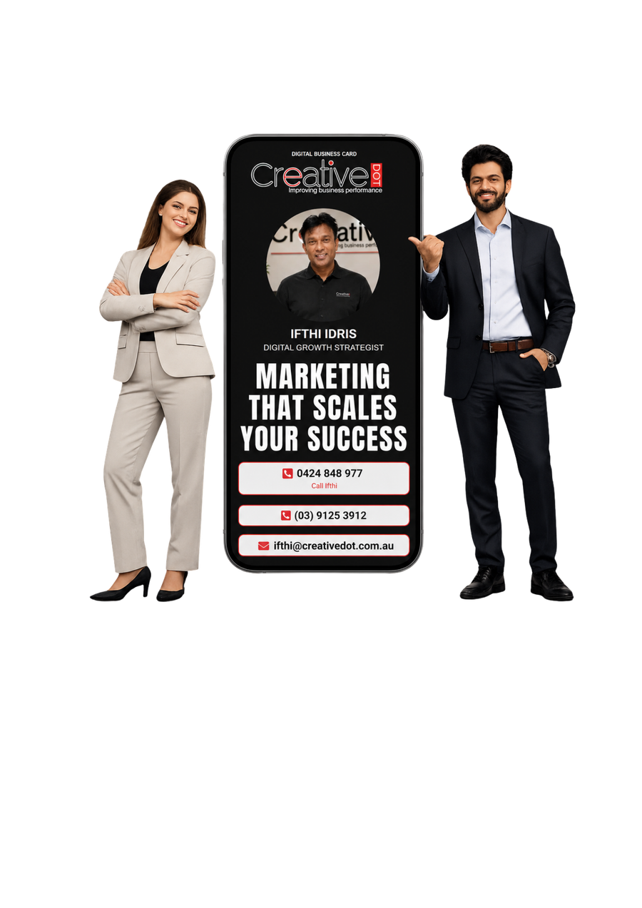 MyECard digital business card shown on a mobile phone, flanked by two business professionals