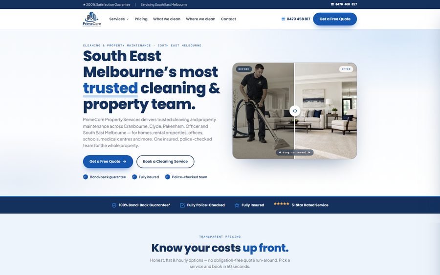 PrimeCore Property Services homepage screenshot