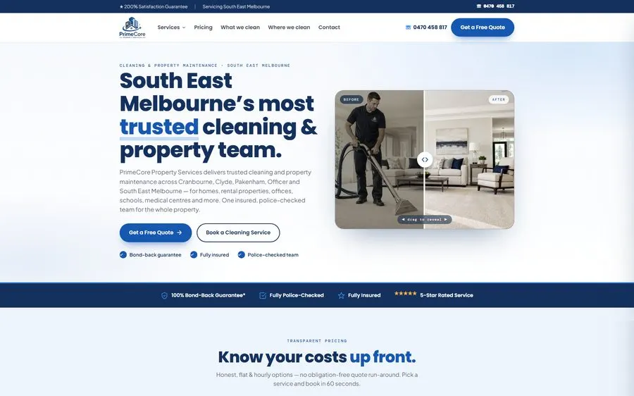 PrimeCore Property Services homepage screenshot