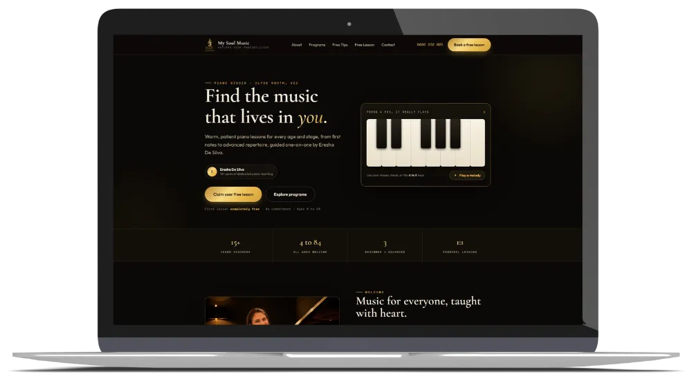 My Soul Music Academy homepage shown on a laptop screen