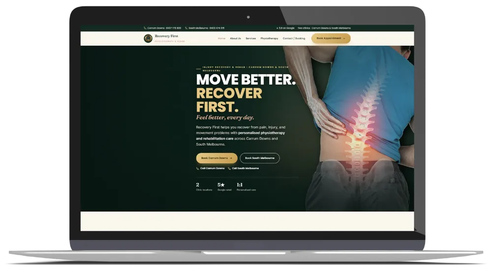 Recovery First homepage shown on a laptop screen